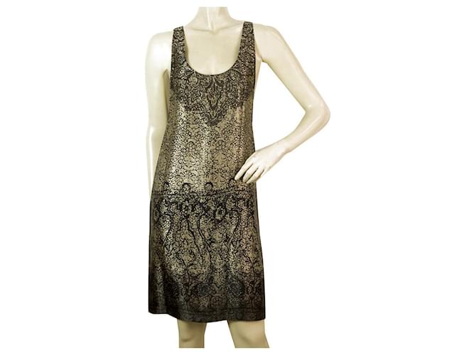 Juicy Couture Khaki Black Abstract Sleeveless 100% Silk Tank Mini Dress Size M Brown Beige  ref.405122