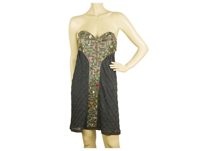 Missoni Blue Gray knitted Strapless mini embellished beaded dress IT size 44 Grey Polyester Viscose Rayon  ref.405932