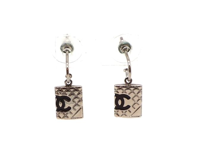 Chanel Silver Black Cambon CC Quilted Drop Dangle Pierced Earrings Silvery Metal  ref.406176