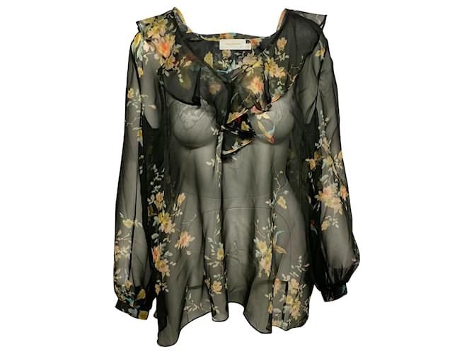 Blusa de manga comprida floral Zimmermann em seda preta Verde  ref.406672