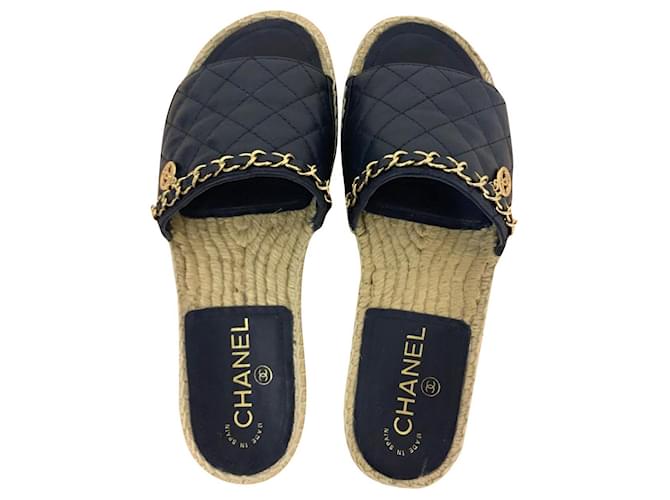 Chanel Raffia Chain Sandals Leather Slides - Blue Sandals, Shoes -  CHA697595