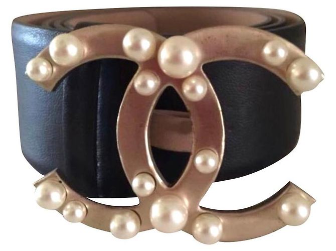 Chanel Gold CC perlschwarzer Ledergürtel