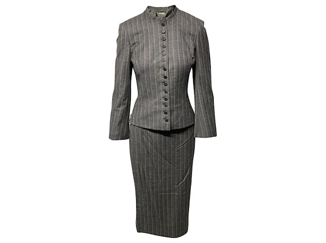 Alexander McQueen Pinstripe Blazer and Skirt in Grey Wool  ref.407787
