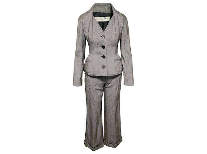 Christian Dior Herringbone Trouser Suit in Grey Wool  ref.407809
