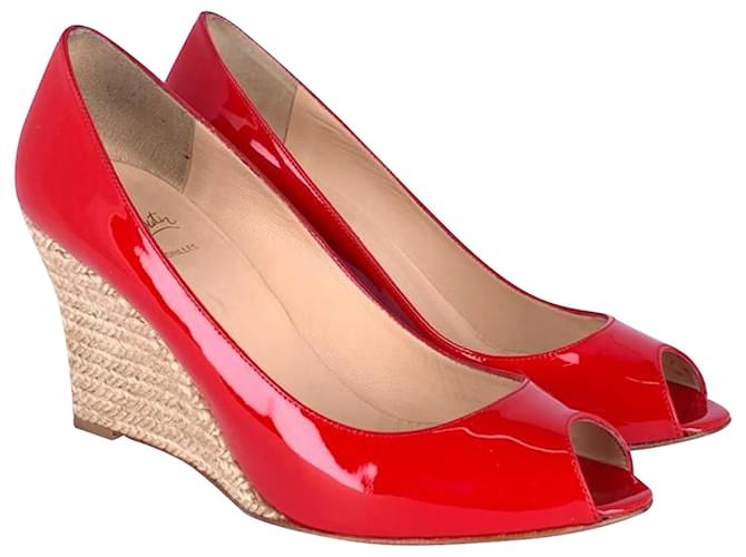 Christian Louboutin Puglia Peep Toe Rope Wedge 85 in Red patent leather  ref.407831