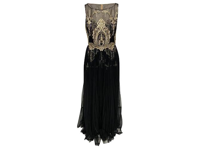 Autre Marque Marchesa Notte Lace Evening Gown in Black and Gold Polyester  ref.407841