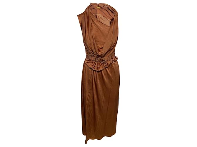 Autre Marque Dodo Bar Or Ora Belted Midi Dress in Brown Satin Acetate Cellulose fibre  ref.407843
