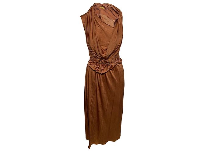 Autre Marque Dodo Bar Or Ora Abito midi con cintura in raso marrone