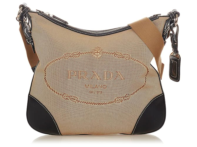 Prada Brown Canapa Logo Canvas Crossbody Bag Black Beige Leather Cloth  Pony-style calfskin Cloth  - Joli Closet