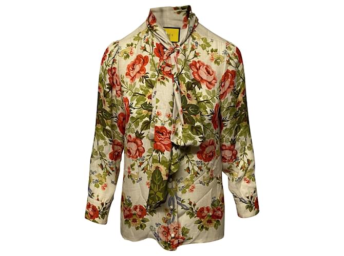 Gucci Floral Shirt with Bow in Multicolor Silk Multiple colors  ref.408174