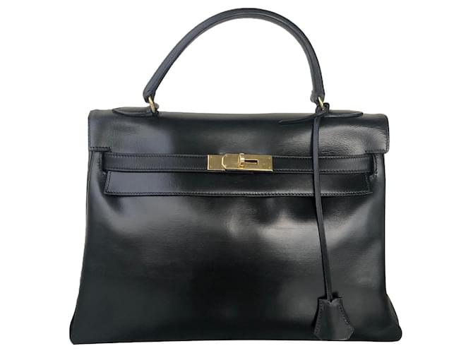 HERMES KELLY 32 Black Box Leather Bag Vintage