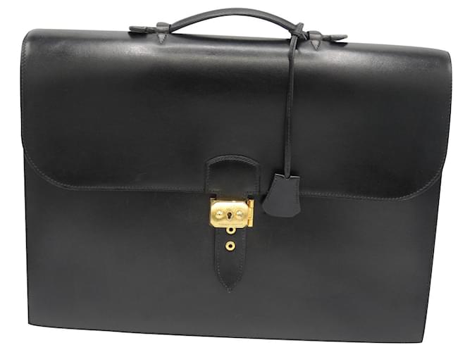 Sac à dépêches Hermès HERMES DEPECHES BAG GM BOX BLACK Leather  ref.408314