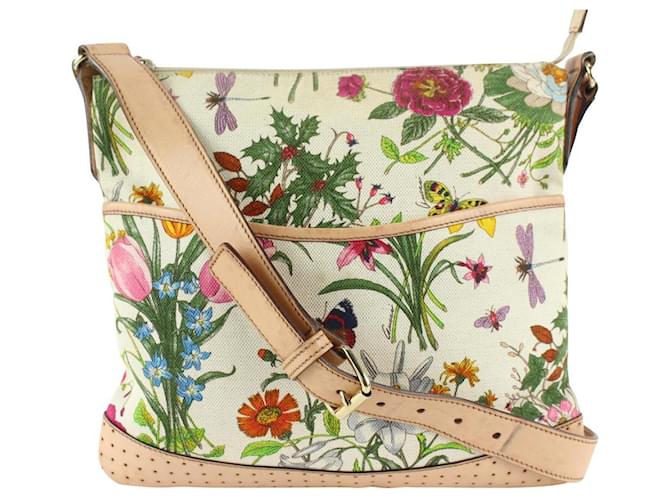 Gucci Perforated Flora Messenger Floral Crossbody Bag Leather  -  Joli Closet