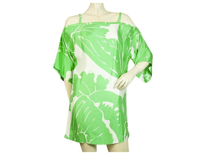 Mini abito Tibi foglie verdi floreale bianco maniche corte spalle aperte taglia S Verde Seta  ref.409036