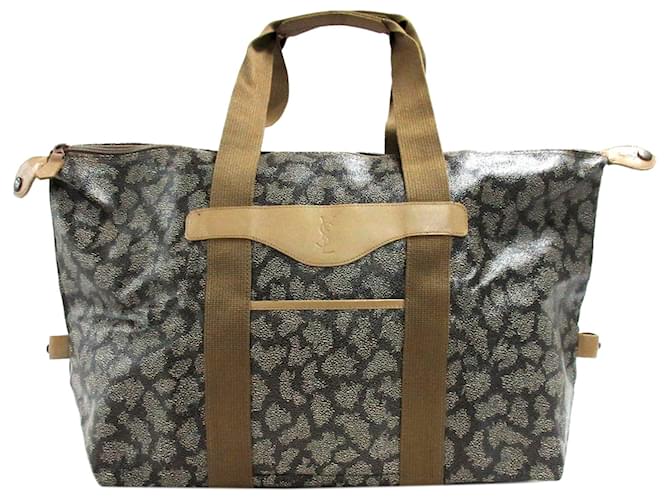 Yves Saint Laurent YSL Gray Printed PVC Duffle Bag Brown Beige