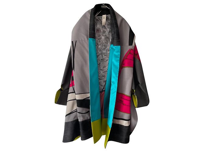 Kenzo Giacca Kimono in Lana Grigia e Rosa Multicolore