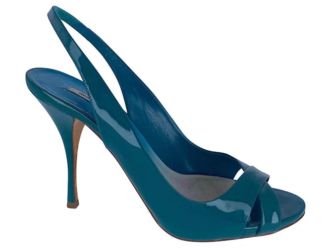 Miu Miu Open Toe Slingback Heels en Turquoise Patent Cuir Cuir vernis  ref.410074
