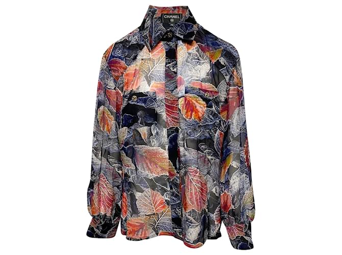 Chanel Vintage Autumn Leaves Shirt in Multicolor Silk Multiple colors  ref.410085