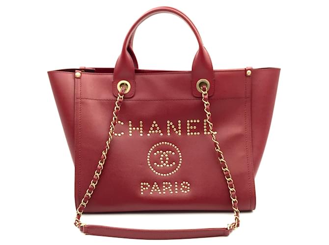 Chanel Deauville PM shopping tote bag in red caviar leather  -  Joli Closet