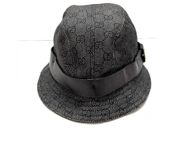 [Used] Gucci GG pattern hat black jacquard x leather  ref.410345