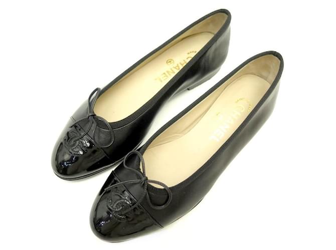 NEW CHANEL BALLERINA CC A LOGO SHOES02819 37.5 BLACK LEATHER BLACK SHOES  ref.410951