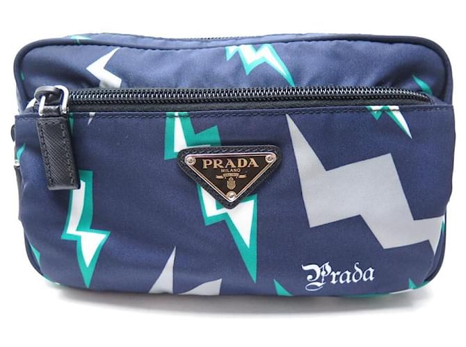 Etiquette Prada PRADE BELT BAG 2VL977 THUNDER FANNY PACK BAG CANVAS LIGHTS Blue Nylon  ref.410979