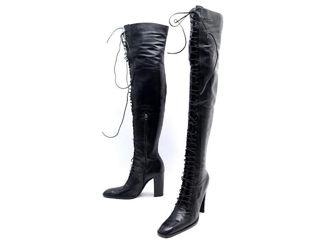 YVES SAINT LAURENT SHOES LACE-UP THIGH BOOTS 39 BLACK LEATHER BOOTS  ref.411078
