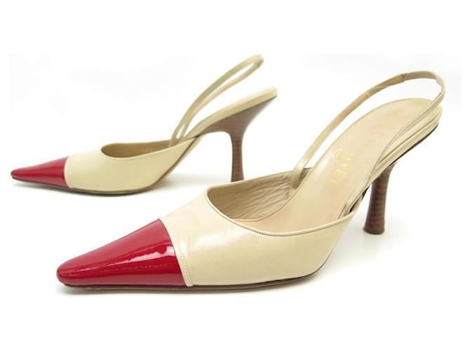 CHANEL PUMPS SLINGBACK SHOES 38 RED BEIGE LEATHER PUMP SHOES ref