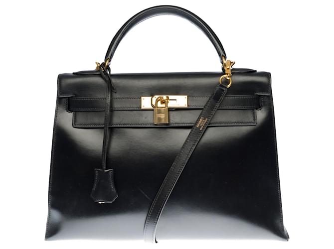 Exceptionnel Sac Hermès Kelly 32 sellier  bandoulière en cuir box noir, garniture en métal plaqué or  ref.411714