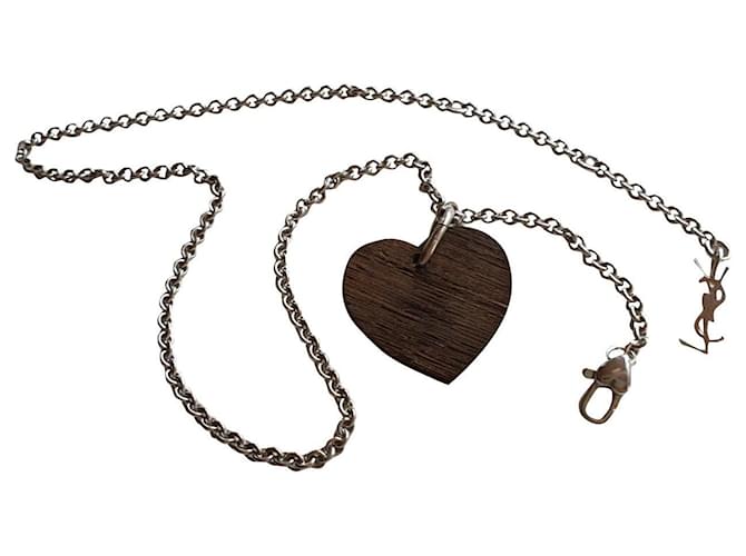 Yves Saint Laurent Heart pendant in wood and silver 925 Brown Silvery  ref.411735