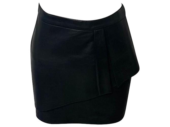 Mini-saia assimétrica Maje em couro de cordeiro preto  ref.411938