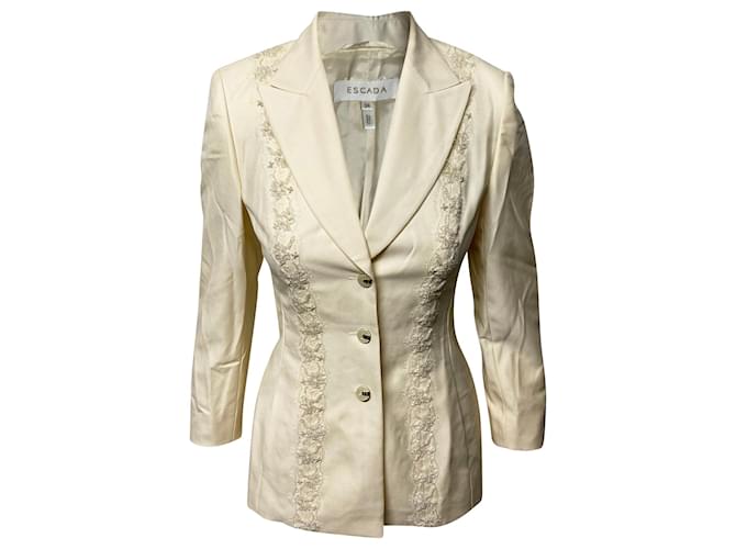 Escada Lace and Pearl Trouser Suit Set in Cream Wool White  ref.411944