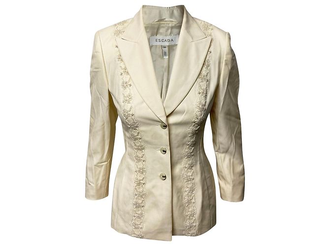 Escada Lace and Pearl Trouser Suit Set in Cream Wool White