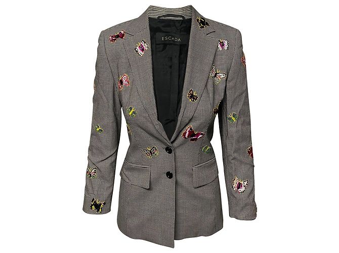 Escada Beaded Houndstooth Trouser Suit Set in Grey Wool