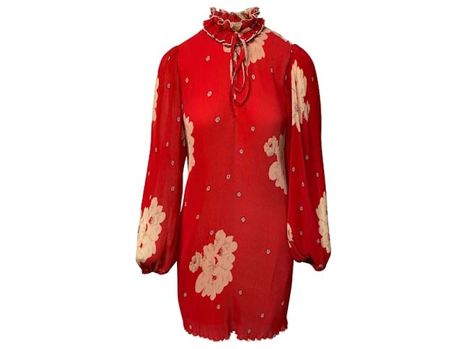 Ganni Minikleid mit Blumenmuster aus rotem Polyester  ref.411962