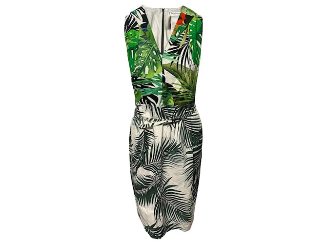 Max Mara Oppio Tropical Print Belted Dress in Green Cotton Multiple colors  ref.412000