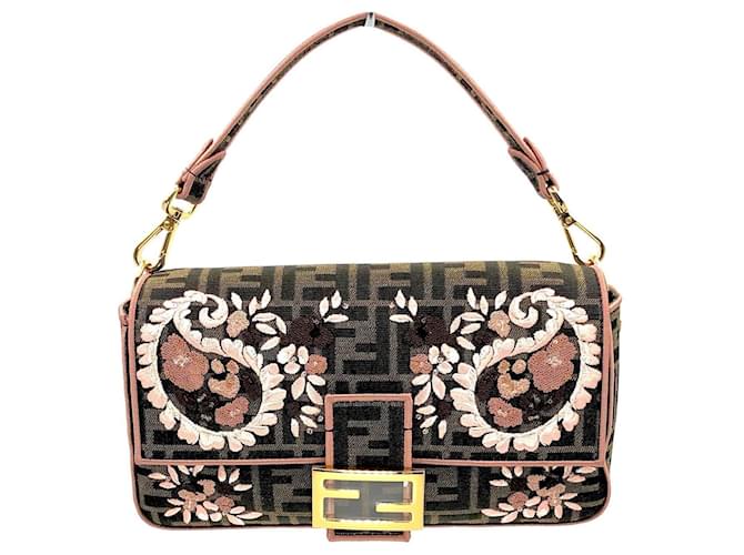 Fendi Baguette bag in Zucca print jacquard with pink paisley embroidery Brown  ref.412024