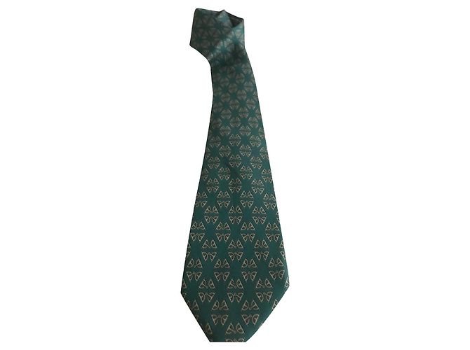Hermès Green Silk Print Tie with Gold Stirrups