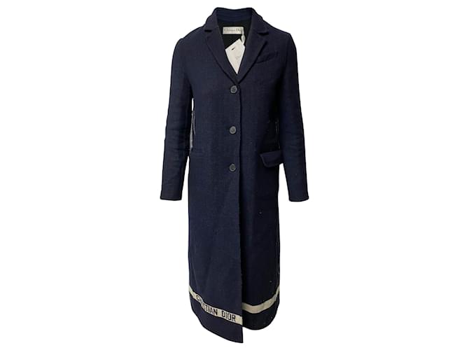 Cappotto Christian Dior a spina di pesce in lana blu con dettaglio logo Nero Cotone  ref.412383