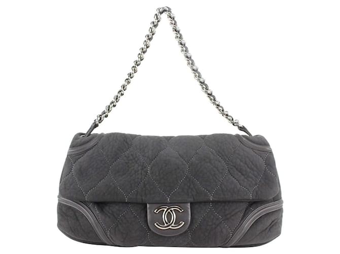 Chanel XL Charcoal Quilted Shearling Silver Chain Flap Leather  ref.412878