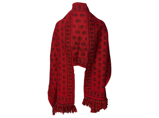 Alexander McQueen Skull Scarf with Fringes in Red Wool Cotton  ref.412946