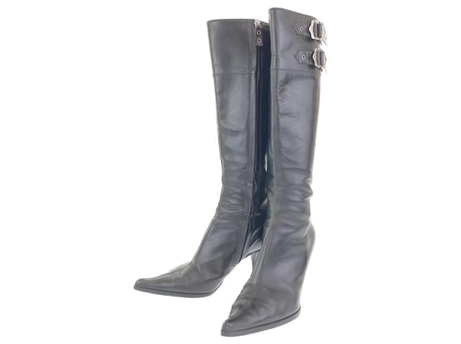 [Occasion] Dior Vintage Black Leather Boots Stilettos Cuir Noir  ref.412969