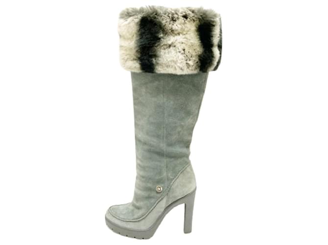 [Used] Christian Dior Long Boots Women's-Dark Gray x Light Gray x Black Suede x Fur Dark grey  ref.412970