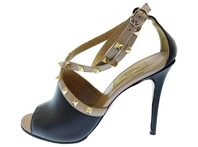 [Used] VALENTINO GARAVANI Rockstuds Open Toe Sandals High Heels Pumps Black / Pink Leather  ref.412990