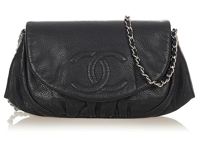 Wallet On Chain Cartera Chanel de piel de caviar negro Half Moon con cadena Cuero  ref.413220