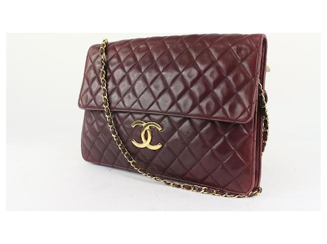 Chanel XL Burgundy Quilted Lambskin Singfle Flap Shoulder Bag Leather  ref.413426