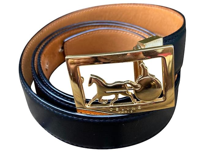 Céline Calèche Belt Black Gold hardware Leather Metal  ref.413509