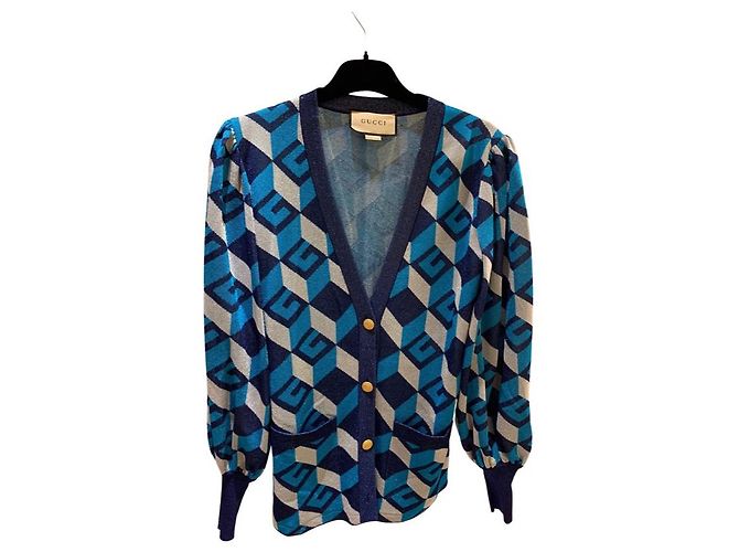 Gucci – Lamé – Jacquard-Cardigan mit geometrischem G in Blau und Silber