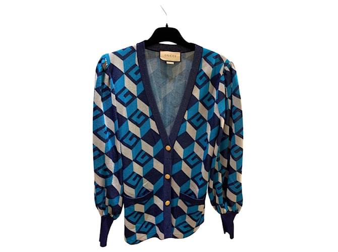 Cárdigan de jacquard Gucci Lamé con G geométrica en azul y plateado Viscosa Metal  ref.413742