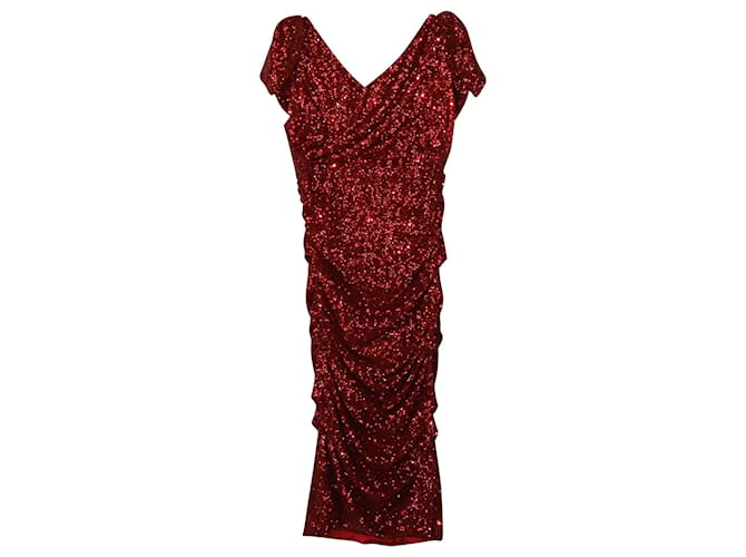 Dolce & Gabbana Tie Shoulder Draped Dress in Red Sequin Polyester  ref.413823